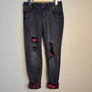 Judy Blue Womens Black Denim Skinny Fit Jeans Distressed Plaid Roll Hems Size 9